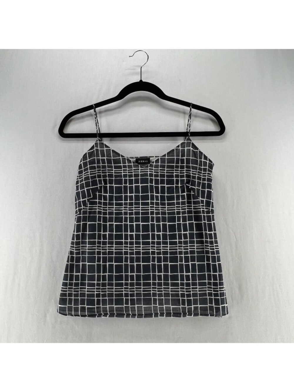 Akris Silk Cami Tank Top XS V-neck Strappy Lined Side Zip Windowpane Black White